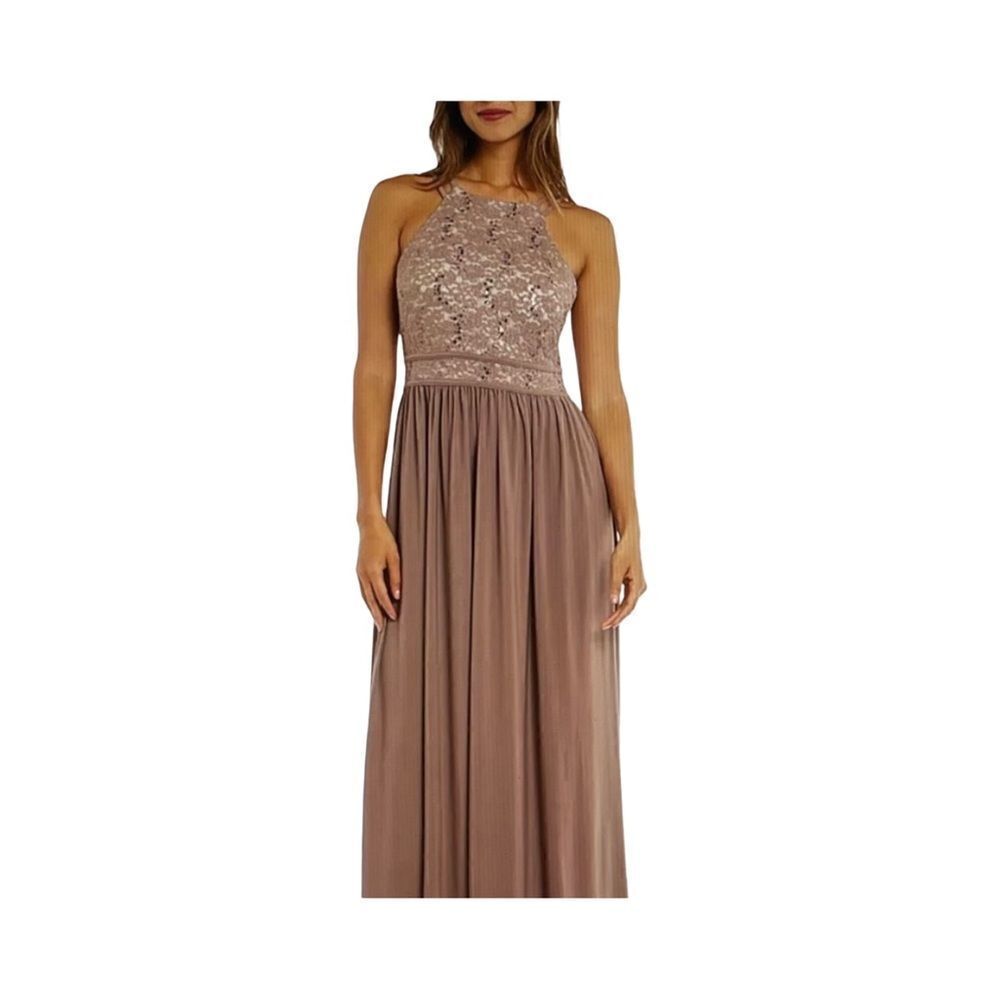 NIGHTWAY LACE-SEQUIN HALTER TOP MAXI DRESS TAUPE/IVORY.